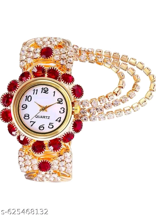 SK Enterprise Elegant gold-tone quartz bracelet watch adorned with sparkling red and white crystals