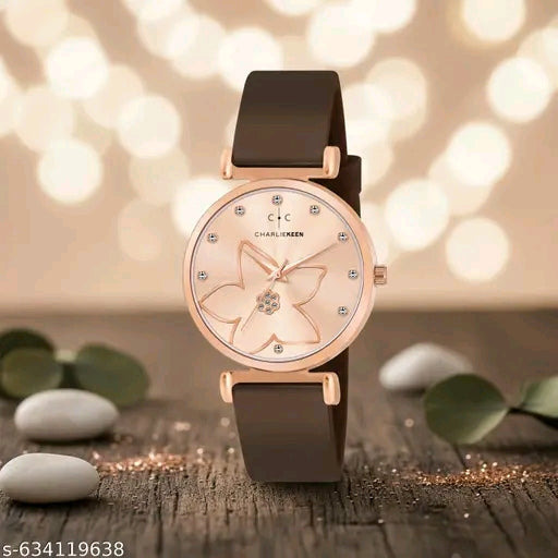 Stylish Rose-Gold Women's Floral Dial Brown Silicone Strap