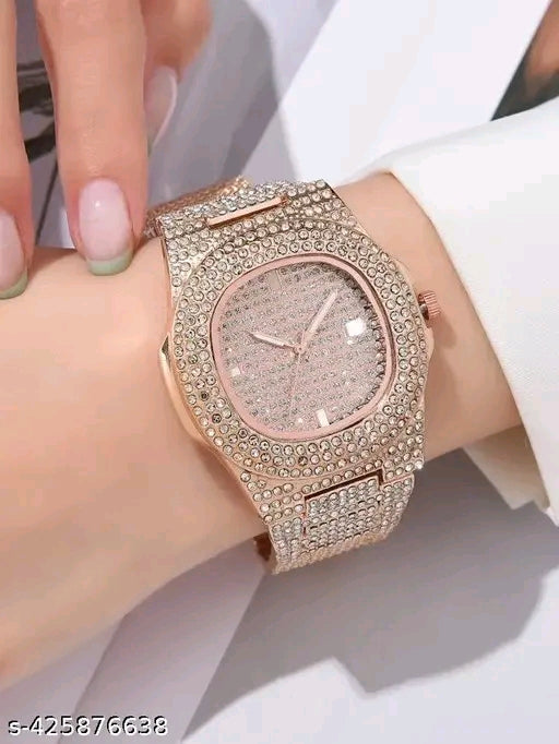 Rose gold Ladies Watch Rhinestone Decor Date Quartz Watch