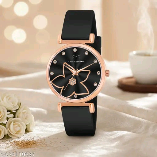 Stylish Rose-Gold Women's Floral Dial Brown Silicone Strap