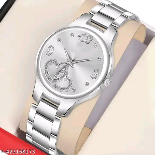 Medboo Silver Double Heart Dial Metal Silver Belt Girls watch