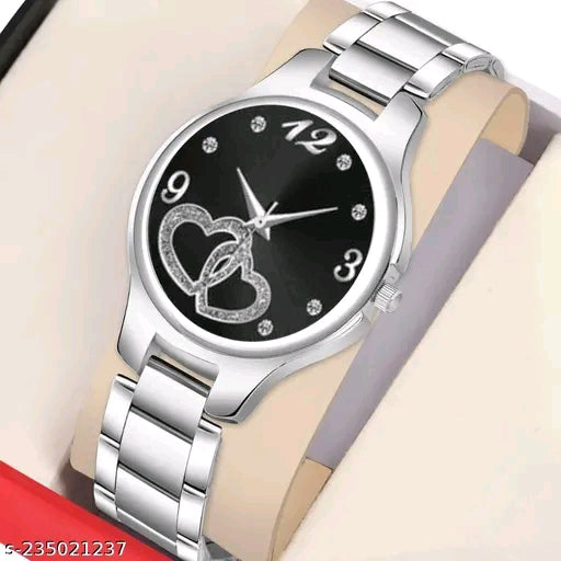 JMV Black Double Heart Dial Metal Silver Belt Girls watch