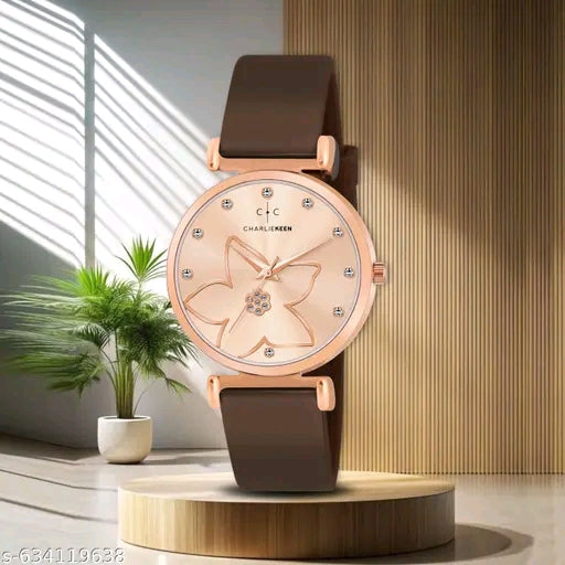 Stylish Rose-Gold Women's Floral Dial Brown Silicone Strap
