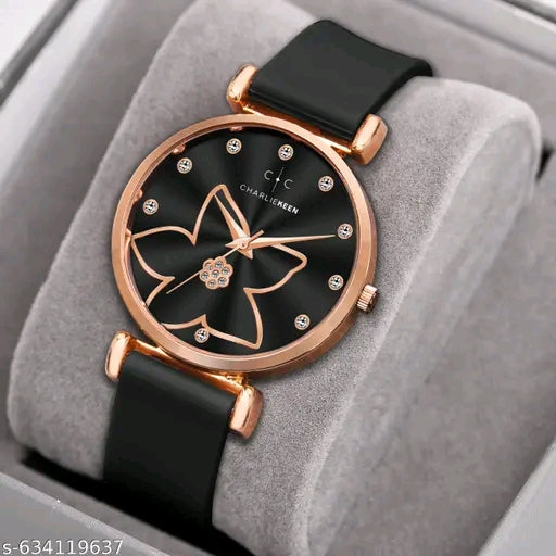 Stylish Rose-Gold Women's Floral Dial Brown Silicone Strap