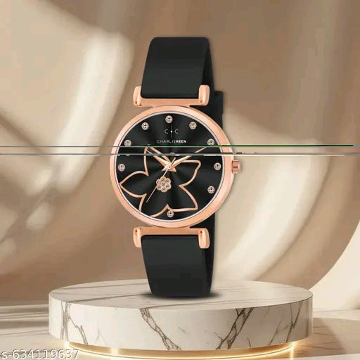 Stylish Rose-Gold Women's Floral Dial Brown Silicone Strap