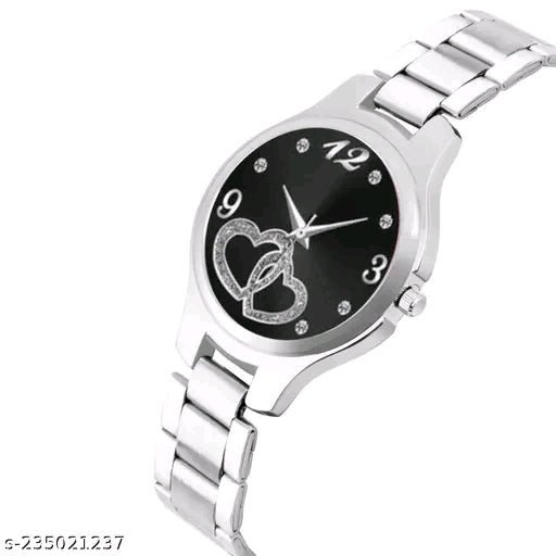 JMV Black Double Heart Dial Metal Silver Belt Girls watch