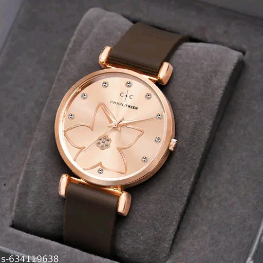 Stylish Rose-Gold Women's Floral Dial Brown Silicone Strap