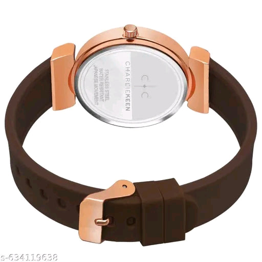 Stylish Rose-Gold Women's Floral Dial Brown Silicone Strap